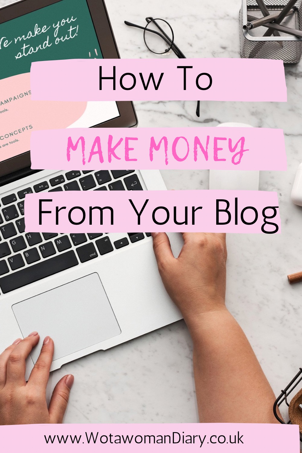 a laptop with someone's hands above it while they are working on their blog to make money