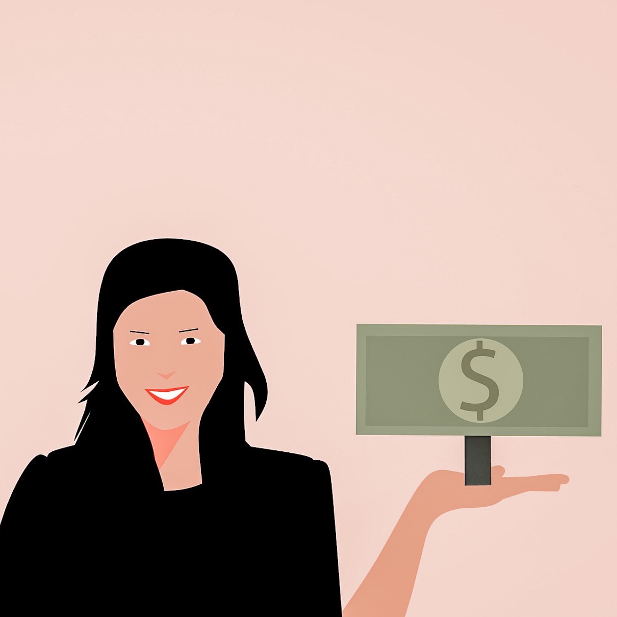 character of a lady holding a dollar bill