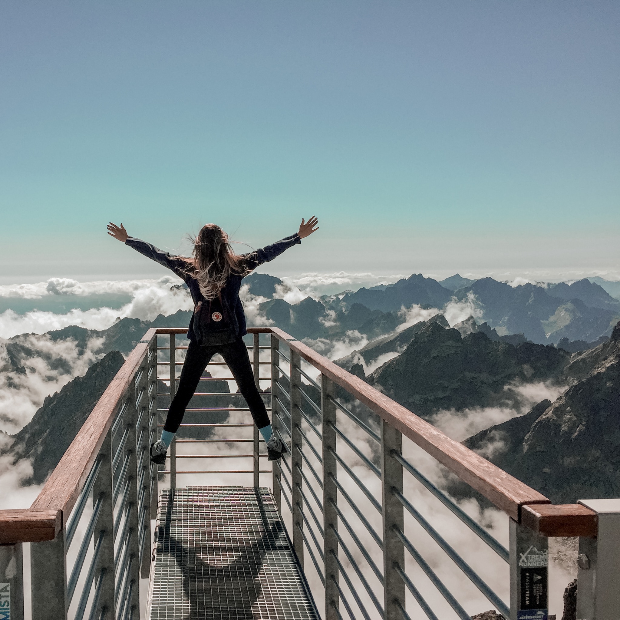 person standing on hand rails looking in to the mountains