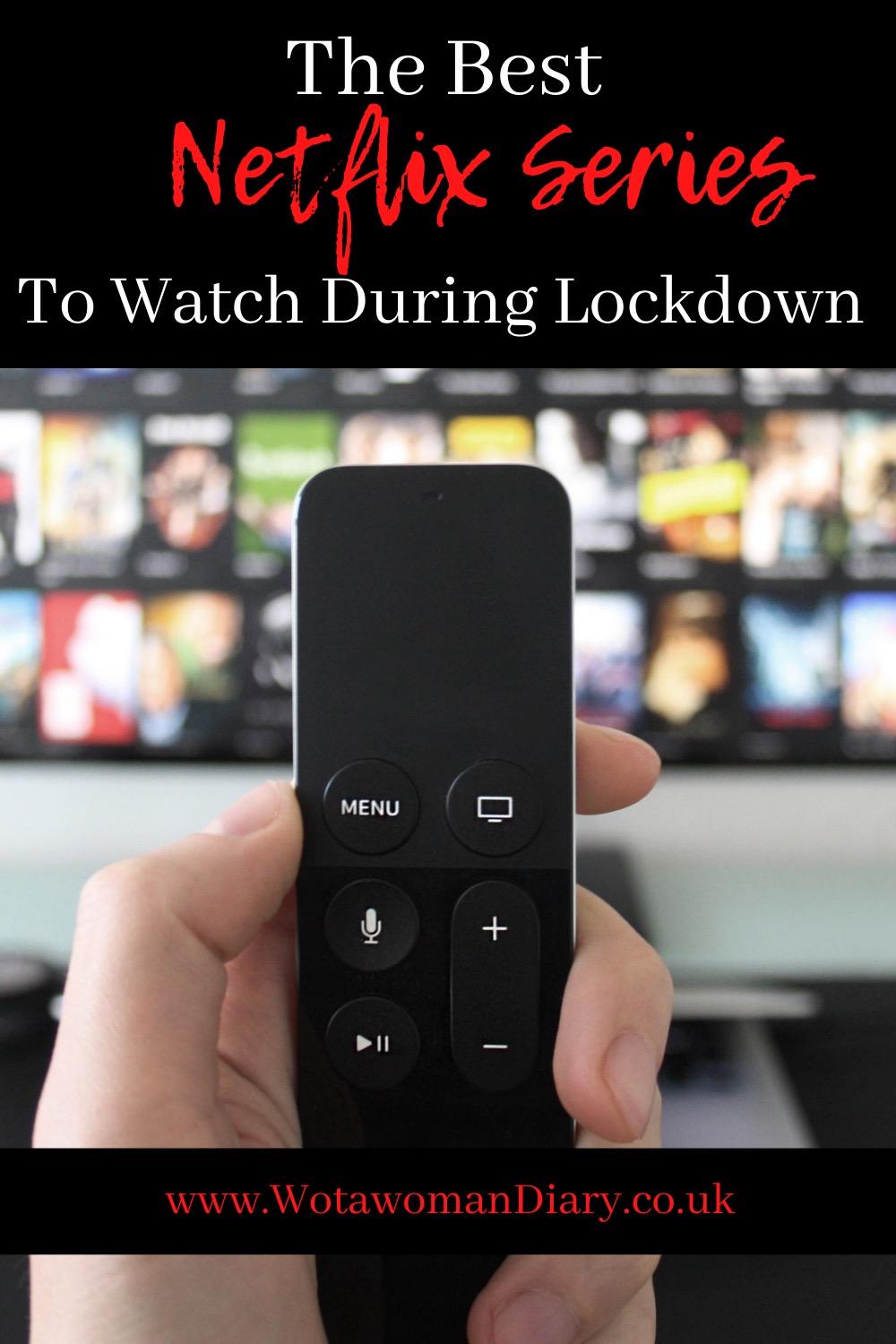a tv remote control in a hand with descriptive text reading the best netflix series