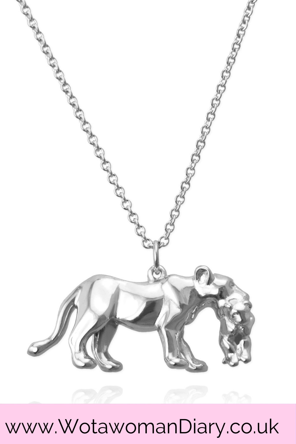 a sterling silver necklace by Jana Reinhardt of a lioness carrying it's cub in her mouth