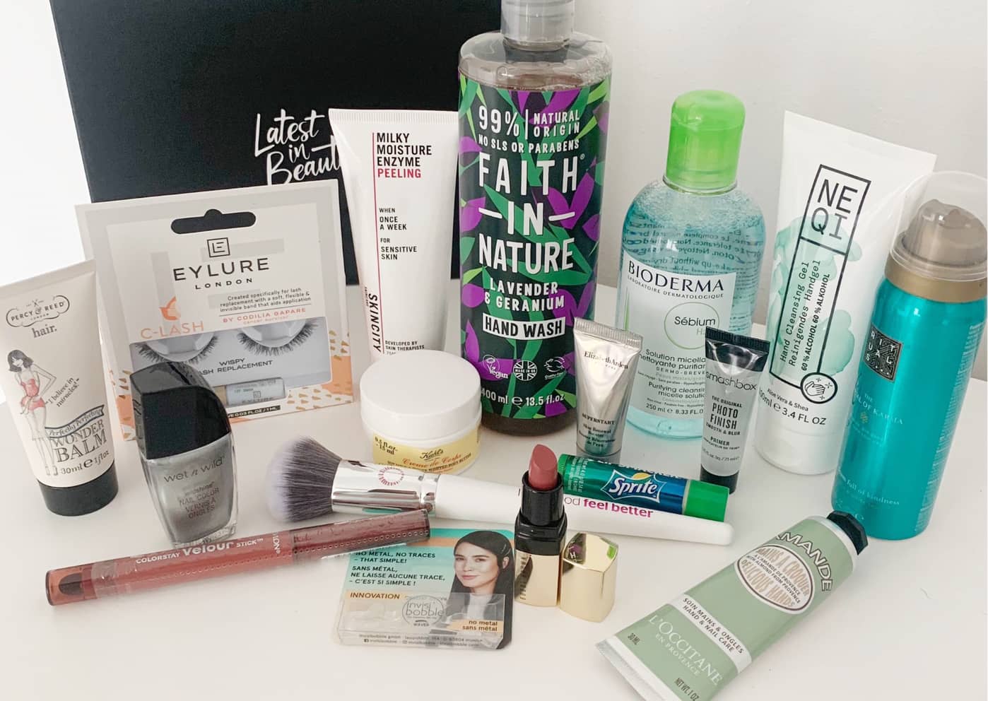 All the products from the latest in beauty beauty haul box on the side