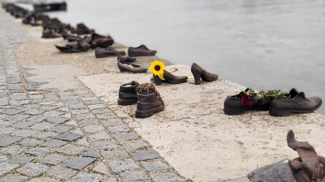 A close up of the iron Shoes On The Danube Bank in Budapest Hungary