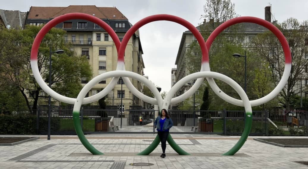 the olympic rings with the Hungarian colours by Olympia park a tourist attraction in Budapest