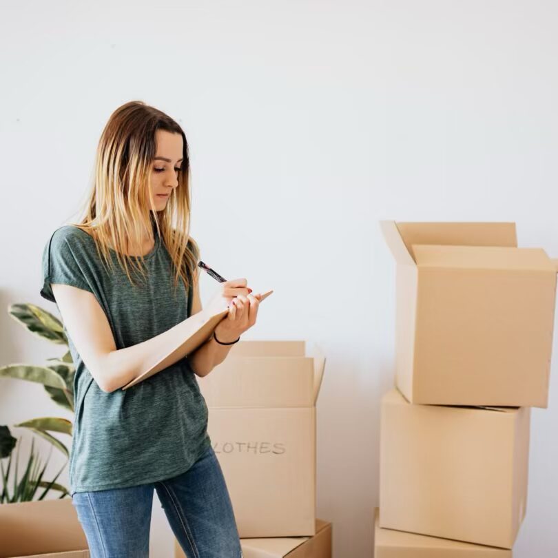 a lady packing boxes